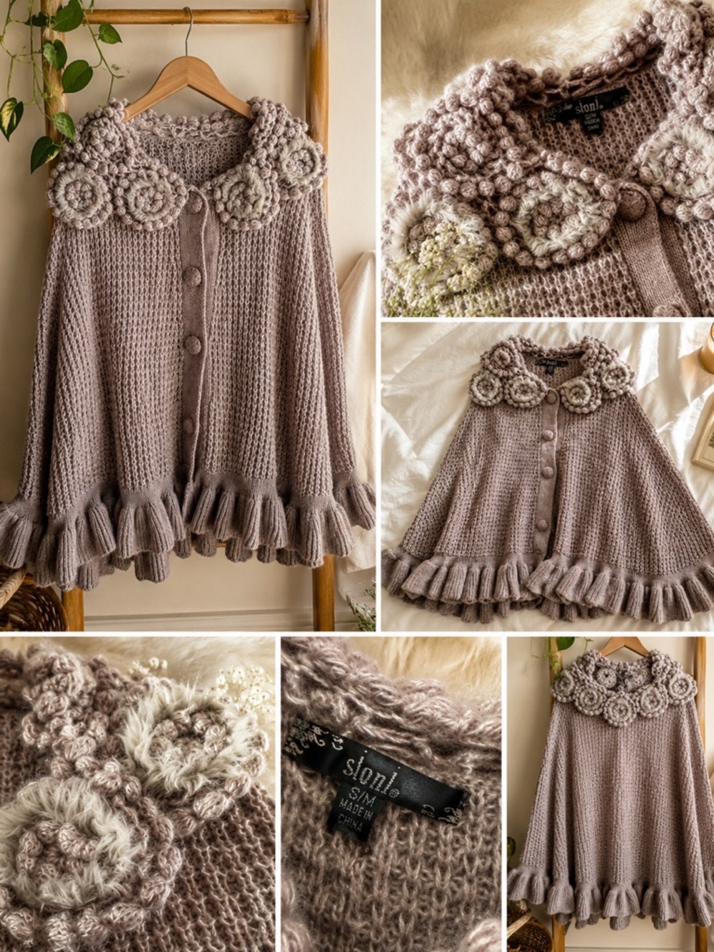 Sioni Ruffled Knit Capelet with Floral Collar